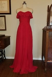 Decadent red chiffon strapless gown jeweled ruffle